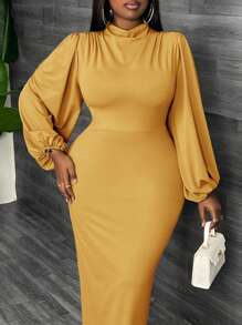Slaydiva Vestido elegante de manga larga farol azul de hombros rectos en talla grande, adecuado para verano y otoño