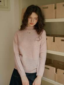 Simple Retro Women's Wool Half High Neck Solid Color Pullover Sweater - Pink - View 4