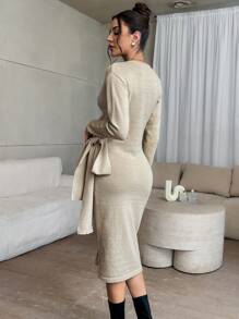 SHEIN Privé Vestido largo con mangas largas y nudo de cruce en color albaricoque para mujer