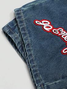 Y2K Fashion Retro Distressed Embroidered Letter Denim Jeans For Tween Girl - Medium Wash - View 6