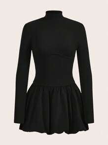 COSMINA Women's Solid Color Stand Collar Long Sleeve Lantern Hem Fashion Mini Dress, Autumn