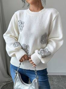 SHEIN Unity Women Floral Pattern Round Neck Casual Fashionable Long Sleeve Knit Sweater Top, Knit Pullover Fall Winter - White - View 1