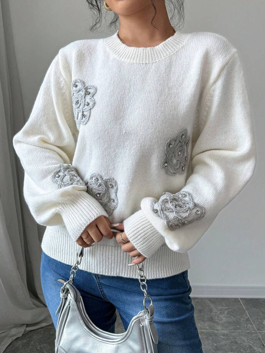 SHEIN Unity Women Floral Pattern Round Neck Casual Fashionable Long Sleeve Knit Sweater Top, Knit Pullover Fall Winter - White - View 1