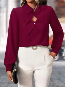 SHEIN Clasi 1 件女式纯色开领长袖衬衫，秋季时尚设计 - 酒紅色 - 查看 1