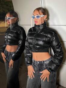 SHEIN ICON Down Coat Winter Casual Everyday Zip-Up Mock Neck Long Sleeve Cropped Hooded Puffer Coat - Black - View 5