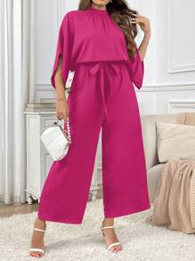 SHEIN Privé Plus Size Summer Casual Solid Color Loose Waist Harem Jumpsuit - Hot Pink - View 1