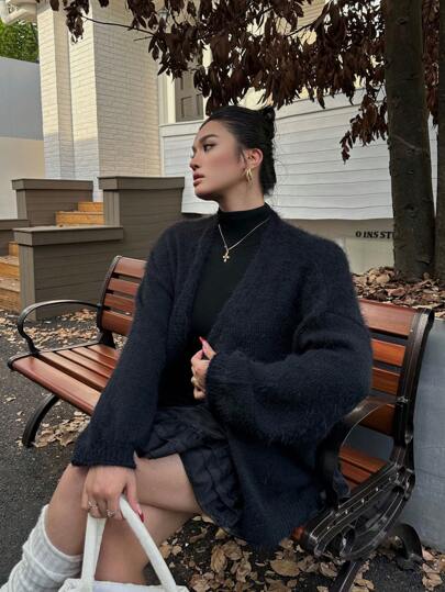 SHEIN Qutie Plus Size Women Solid Color Drop Shoulder Long Sleeve Casual Loose Cardigan, Autumn/Winter Fall Cloth For Women