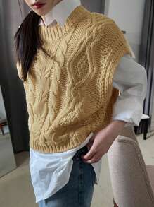 DAZY Women's Crew Neck Cable Knit Loose Cropped Vest - Apricot - View 3