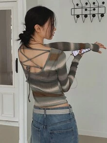 DAZY 女士不对称渐变条纹露背系带 T 恤 - 彩色 - 查看 2