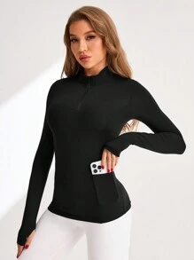 Easithlete 1 件女士拉链口袋瑜伽连帽衫 - 黑色 - 查看 1