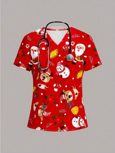 PopScrub Casual Minimalist Christmas Snowman & Reindeer All-Over Print Plus Size Nursing Uniform Scrub Top
