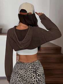 Muchica Ladies' Solid Acid Washed Look Vintage Drawstring Detail Super Crop Hoodie - Brown - View 6
