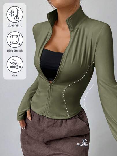 SHEIN EZwear Veste zippée à manches longues en tricot vert militaire clair pour femmes, protection solaire en automne/hiver