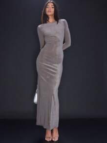 MUSERA 外出连衣裙 长袖系带露背长款假日派对连衣裙 优雅春夏度假秋季长裙 - 灰色 - 查看 4