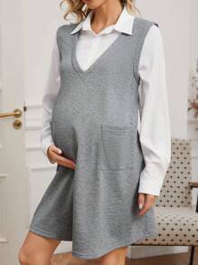 SHEIN Maternity Casual 2-In-1 Patchwork Pocket Long Sleeve Dress, Pocket Dress, Spring/Autumn