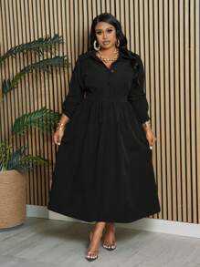 Slaydiva Đầm thường ngày dài tay bó eo màu trơn cỡ lớn cho nữ, mùa thu - màu đen - Xem 7