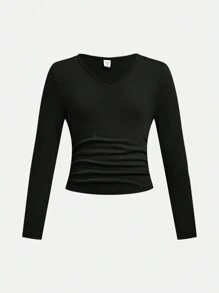 SHEIN 3pcs Tween Girls Fall/Winter Casual Solid Color V-Neck Long Sleeve Knitted Base Layer Tops - Brown - View 7
