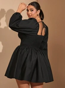 SHEIN BAE Plus Size Women's Autumn And Winter Long-Sleeved Breast Cup Details Sweet Hot Girl Puff Sleeves Breast Cup Details Black Puffy Mini Halloween Dress - Black - View 2