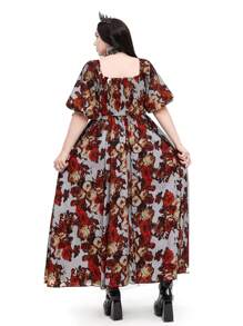 Flirla Plus Size Halloween Floral All-Over Print Splice Short Sleeve Romantic High Slit Holiday Dress