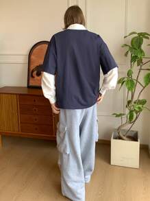 Manfinity VCAY 1 件男士针织时尚休闲 Polo 长袖二合一衬衫 - 藍白色 - 查看 2