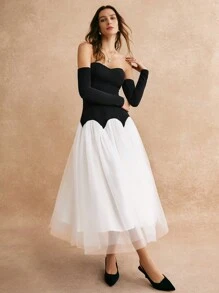 Poéselle 女士纯色拼接露肩长袖休闲长裙，2024 秋冬，冬装，简约时尚，优雅易穿，适合日常、街头、通勤、宴会、派对等场合穿着