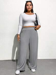 SHEIN Essnce Pantalones anchos de cintura elástica de tela gris cepillada y cómoda de moda casual de otoño e invierno para mujer de talla grande, ropa de mujer de temporada de otoño, ropa curvy - Gris - Ver 6