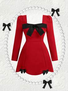 SHEIN MOD Plus Size Black Bow Front Puff Sleeve Curved Hem Valentine Day Red Dress - Red - View 1