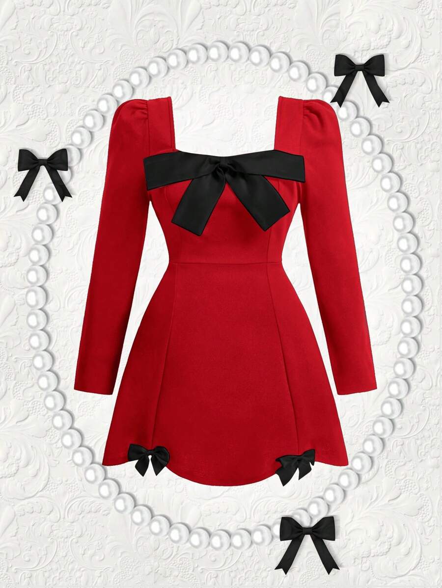 SHEIN MOD Plus Size Black Bow Front Puff Sleeve Curved Hem Valentine Day Red Dress - Red - View 1