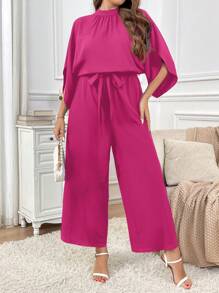 SHEIN Privé Plus Size Summer Casual Solid Color Loose Waist Harem Jumpsuit - Hot Pink - View 6