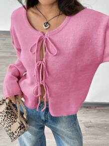 SHEIN EZwear 女士可爱粉色前系带宽松开衫，适合秋季 - 粉色 - 查看 1