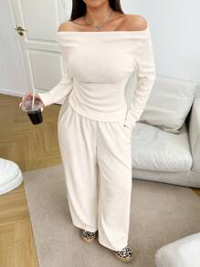 SHEIN EZwear 2pcs Plus Size Women's Apricot Ribbed Fuzzy Fabric Top & Pants Set, For Winter - Apricot - View 1