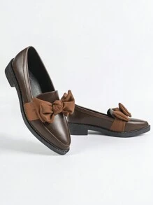 CUCCOO BIZCHIC 女士平底芭蕾平底鞋尖头牛津蝴蝶结一脚蹬鞋，酒红色 - 棕色 - 查看 1