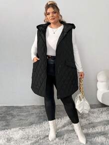 SHEIN CURVE+ 大码翻盖口袋连帽绗缝背心外套，适合冬季 - 黑色 - 查看 4