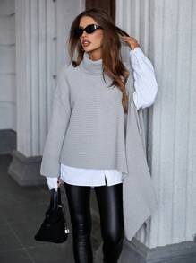 Chiquease High Neck Asymmetric Hem Pullover Sweater Knit Pullover Fall Winter Outfit - Grey - View 4