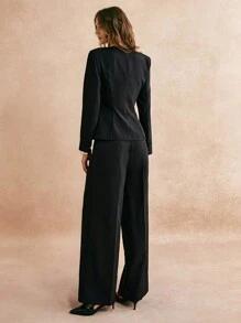 Poéselle 2pcs/Set Women Deep V-Neck Elegant And Sexy Suits, Suit Jackets And Suit Pants, Business Casual, Elegant Suits,Long Sleeve Top And Pocket Pants Co-Ord Set,Two Pieces,Black,Effortless Chic Essential Fall Sets Outfit Sets Blazer Black Long Sleeve Winter Women Clothes Business Casual Women Office Attire Women Set