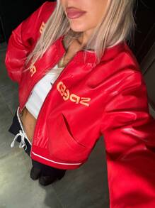 SHEIN EZwear 女士前拉链长袖图案印花休闲 PU 棒球夹克 - 紅色 - 查看 7