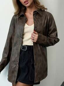 Firerie Áo khoác ngoài rộng rãi thời trang cổ điển sang trọng cho nữ, chất liệu da giả, có túi cài nút, thích hợp khi đi làm, mùa thu/đông - Rỉ Nâu - Xem 4