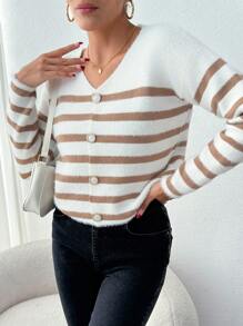 SHEIN Women Striped Long Sleeve Single-Breasted Casual Short Cardigan, Autumn/Winter