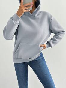 EURMUSE Women's Letter & Cartoon Graphic Print Hooded Sweatshirt ,Petite Women - Light Grey - View 2