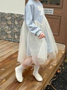 SHEIN 年轻女孩圆领蝴蝶印花网眼撞色长袖连衣裙 - 墨綠色 - 查看 4