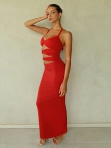 SHEIN BAE Women Sexy Halter Twist Hollow Out Form-Fitting Long Dress, Suitable For Going Out At Night, Halloween Party, Dates - Sexy Hollow Out, Cut Out