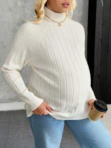SHEIN Maternity Solid Color High Neck Raglan Sleeve Long Sleeve Casual Knit Sweater, Autumn/Winter - Apricot - View 4