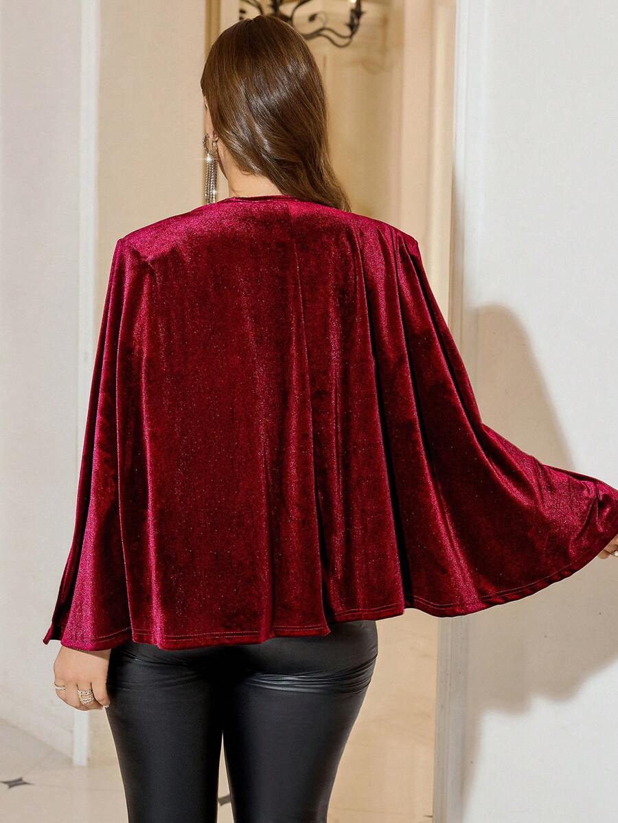 SHEIN Clasi Plus Size Women Wine Red Velvet Cape, Elegant Party Suit