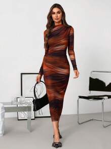 SHEIN Clasi 1pc Women's Pleated Floral Print Mesh Knit Dress - Red - View 1