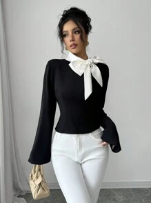 Elenzga 1pc Women's Black Bowknot Bell Sleeve Blouse Women Shirt