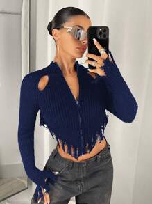 SHEIN ICON 女士纯色前拉链镂空剪裁短款开衫，秋冬款 - 藏蓝色 - 查看 3