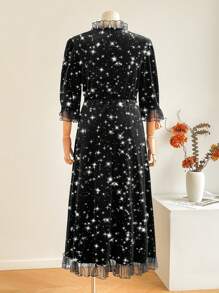 SHEIN Privé Plus Size Velvet With Metallic Foil High Neck Splice Mesh Midi Straight Dress - Black - View 2