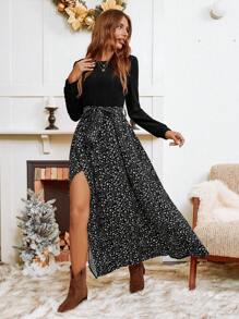 SHEIN VCAY 女士节日碎花拼布圆领长袖开衩下摆优雅连衣裙 - 黑色 - 查看 5