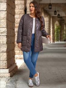 EMERY ROSE Plus Size Women Casual Solid Color Drop Shoulder Loose Patchwork Pocket Open Front Padded Coat,Winter Women Clothes,Elegant Women's Clothing