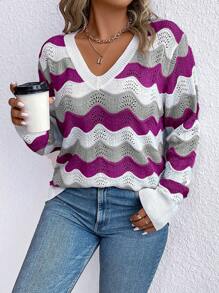 Plus Size Women Wavy Stripe V-Neck Long Sleeve Casual Sweater, Autumn, For Winter Knit Pullover Fall Sweater - Multicolor - View 6